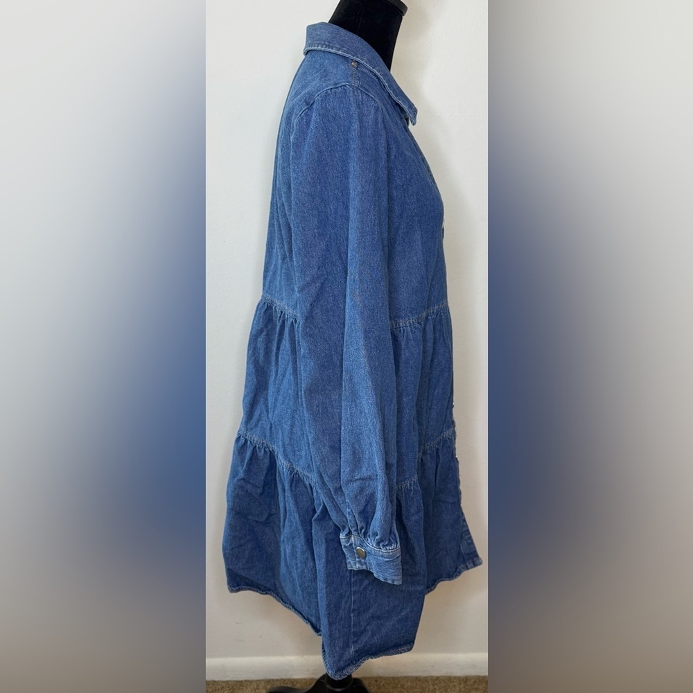 Zara denim long sleeve V neck collar tiered button front dress small EUC - Picture 5 of 8